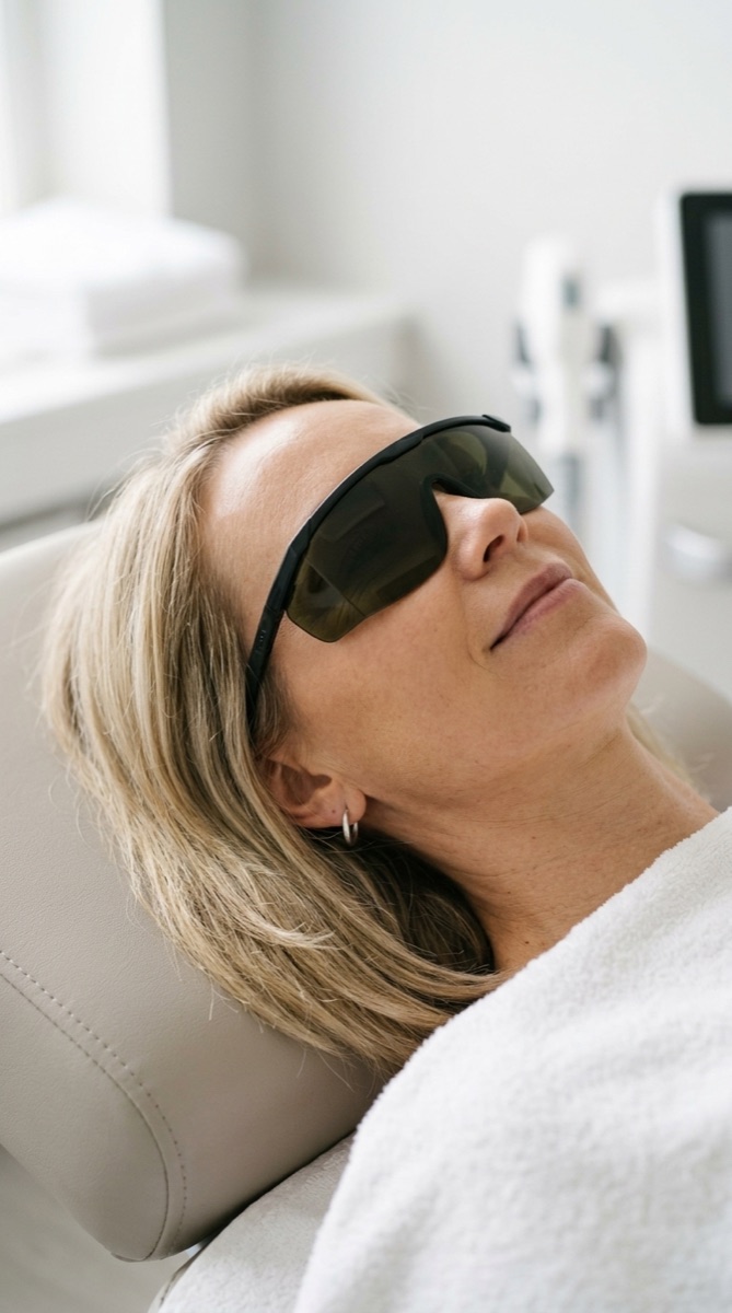 Kund med skyddsglasögon under laserbehandling